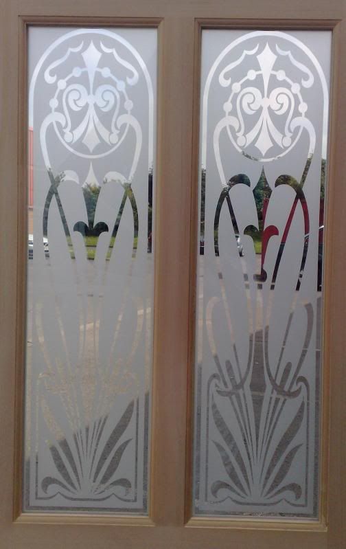 Details about NEW WOOD DOOR WITH 2 ETCHED DECOARTIVE GLASS PANELS