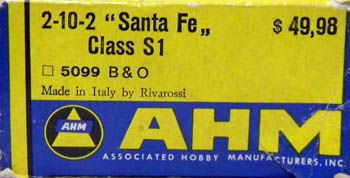 AHM Box Label for B&O 2-10-2 Santa
                                    Fe-type Steam Engine