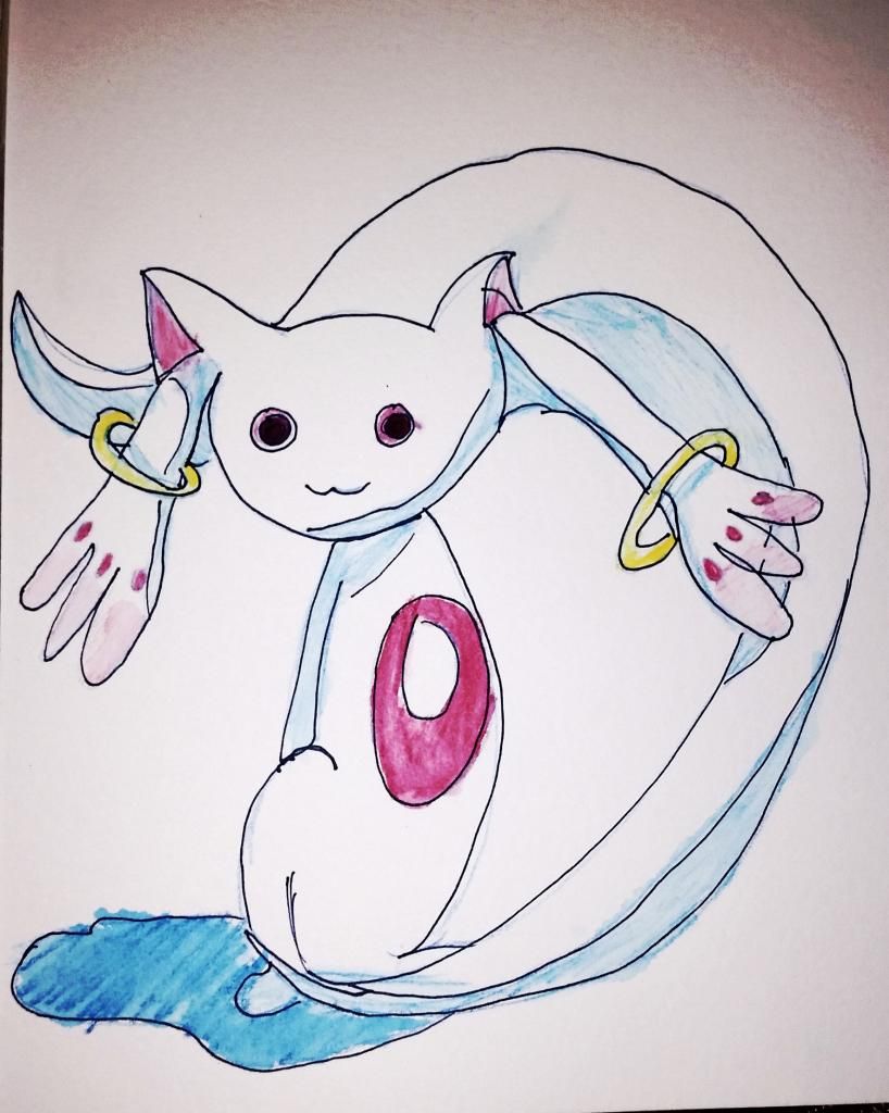 Kyubey from Madoka Magica, watercolor pencil and marker