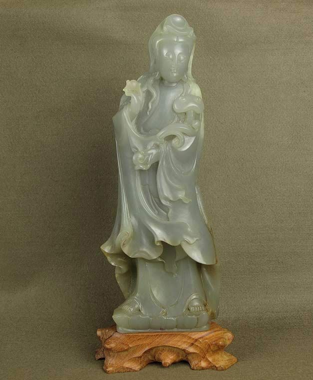 9.5"BIG 18H CENTURY CHINESE CARVED OLD ANTIQUE JADE STATUE STANDING